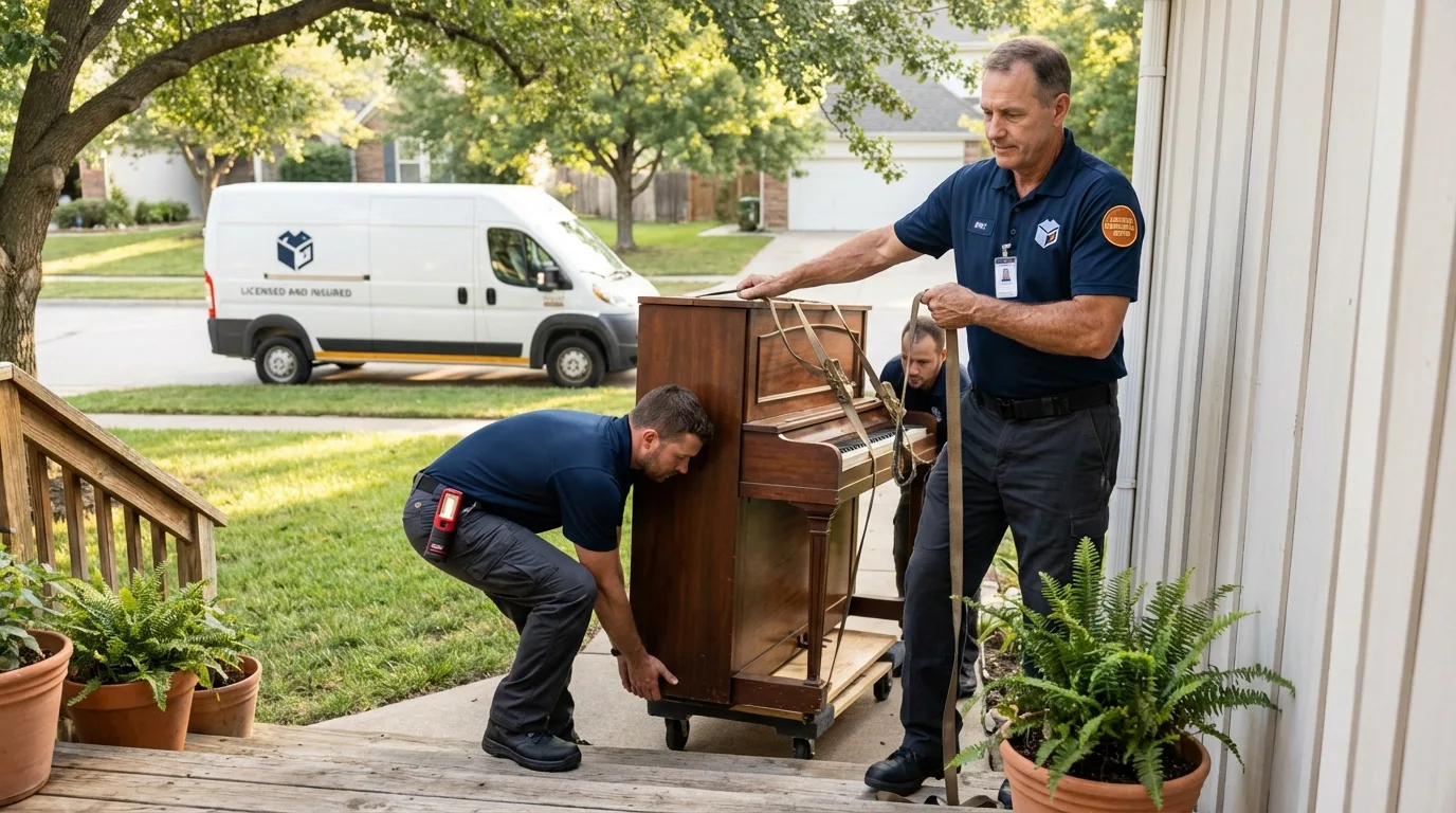 Licensed piano movers securing grand piano in Jackson, SC