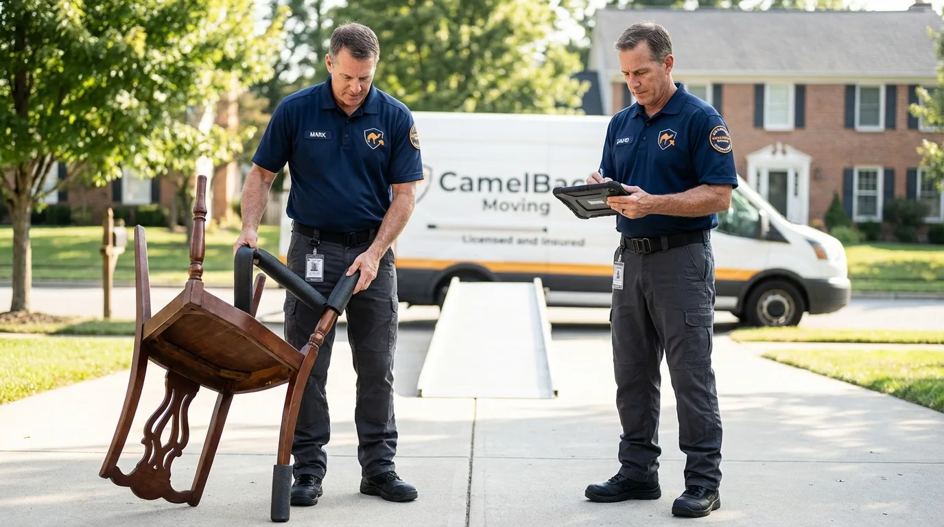 Movers inspecting furniture for damage prevention before loading in Jackson, SC